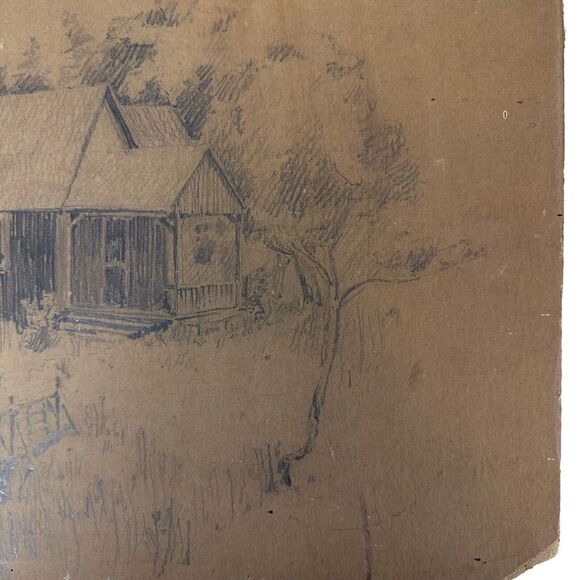 Pencil Drawing Cottage In The Woods Artist Unknown Unsigned Original Vintage - Picture 5 of 12